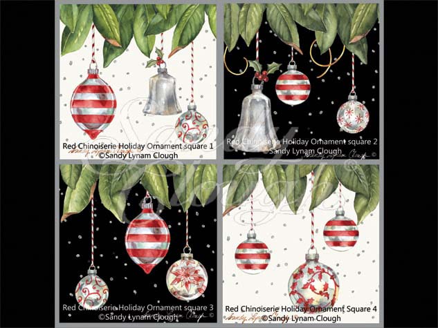 Red Chinoiserie Holiday Ornaments Four Squares