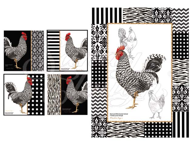 Black and White Rooster Vertical and Four Squares