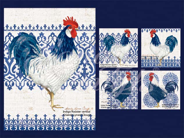 Indigo Rooster Vertical and Four Squares