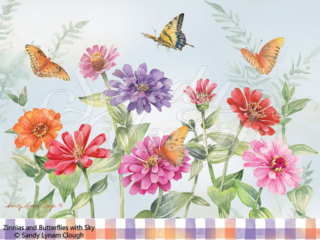 Zinnias and Butterflies with sky
